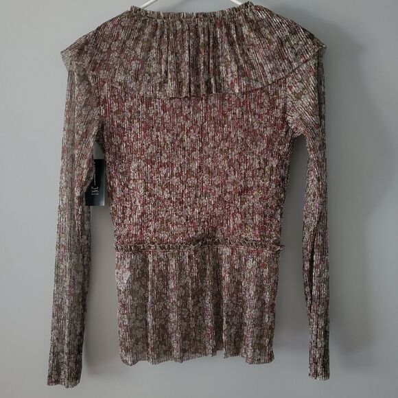 INC Womens Brown Floral/Metallic Long Sleeve V Neck Blouse Size XS - Picture 5 of 7